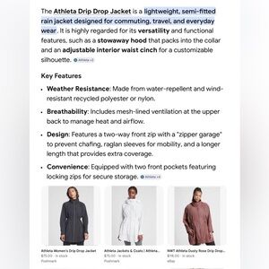 Athleta Women's Jacket-The Drip Drop water resistant two way zip stowaway hood.